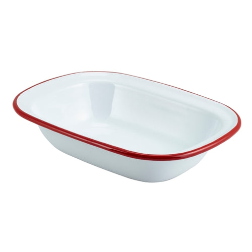 Enamel Rect. Pie Dish White with Red Rim 20cm