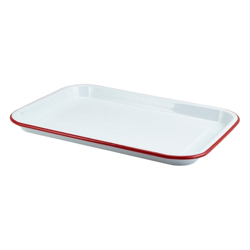 Enamel Serving Tray White with Red Rim 33.5x23.5x2.2cm