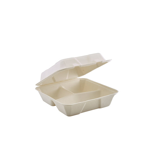 GenWare Compostable Bagasse Hinged 3 Compartment Food Container (200pcs)